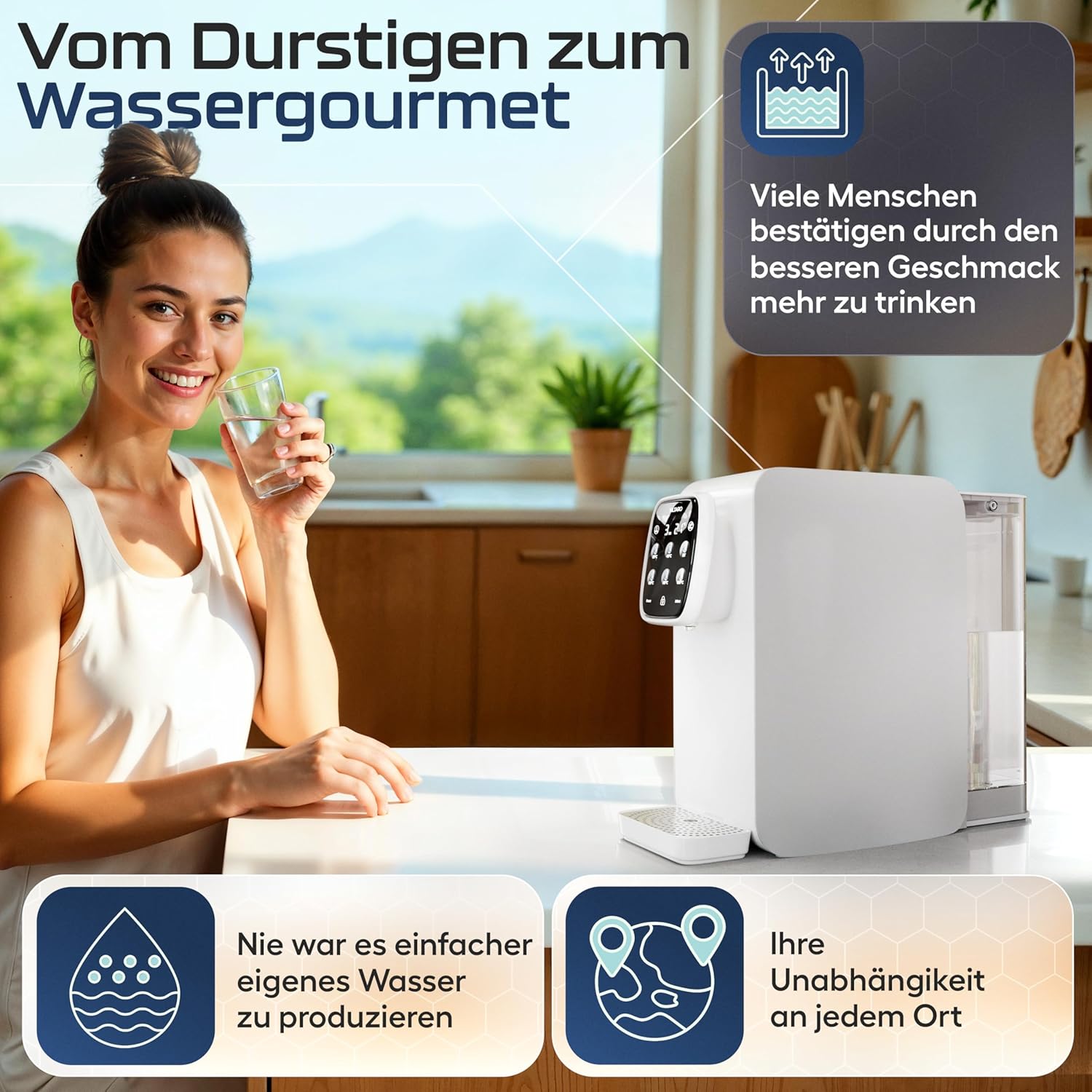 Osmosis System für Trinkwasser (5-stufiger Filter, 6 Temperaturstufen, mobil, ohne Wasseranschluss) – Umkehrosmose Wasseraufbereitung mit Kalkfilter und integriertem Vorratstank...