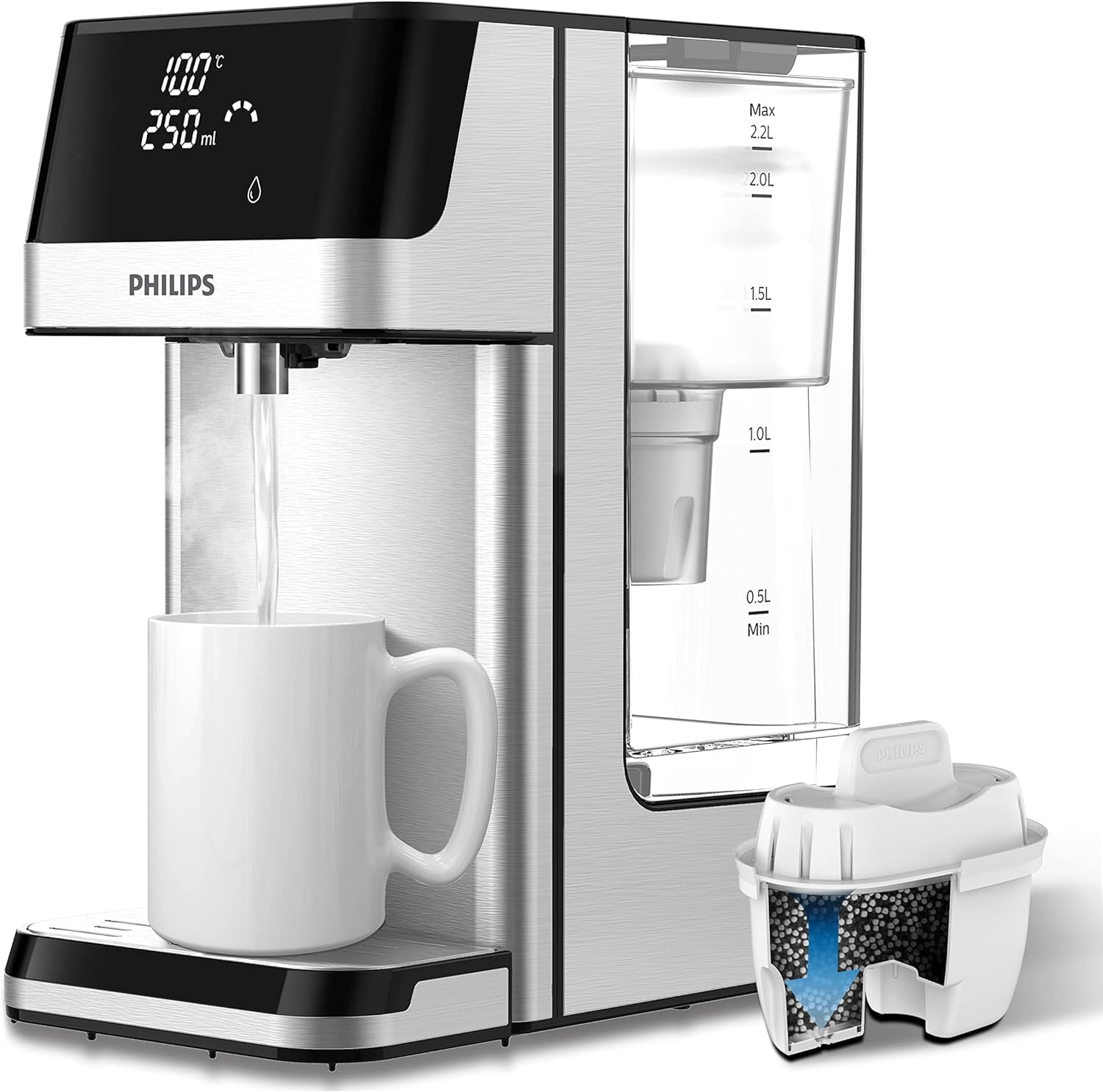 Philips Wasserspender mit Touchscreen, 6 Temperaturstufen, filtert Schadstoffe, 2,2L