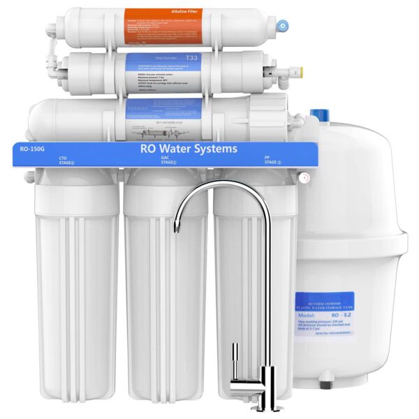 Ro-150 6-stufige Umkehrosmose Anlage mit Alkaline pH + Filter, großflächige Wasserenthärtung für Zuhause und Aquarium