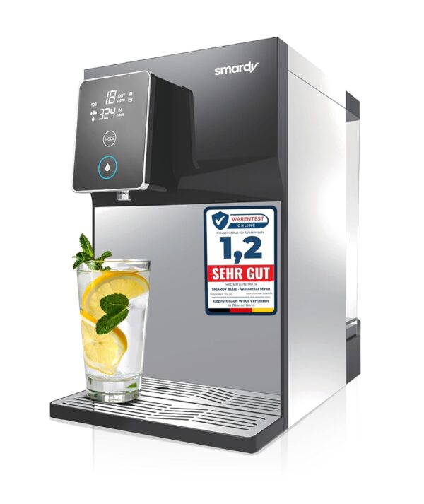 Smardy Blue R100 Wasserspender mit 5-stufiger Umkehrosmose – Heiß-, Warm- und Kaltwasser – BPA-frei – 3-Temperatur-System mit Schnellwechselkartuschen