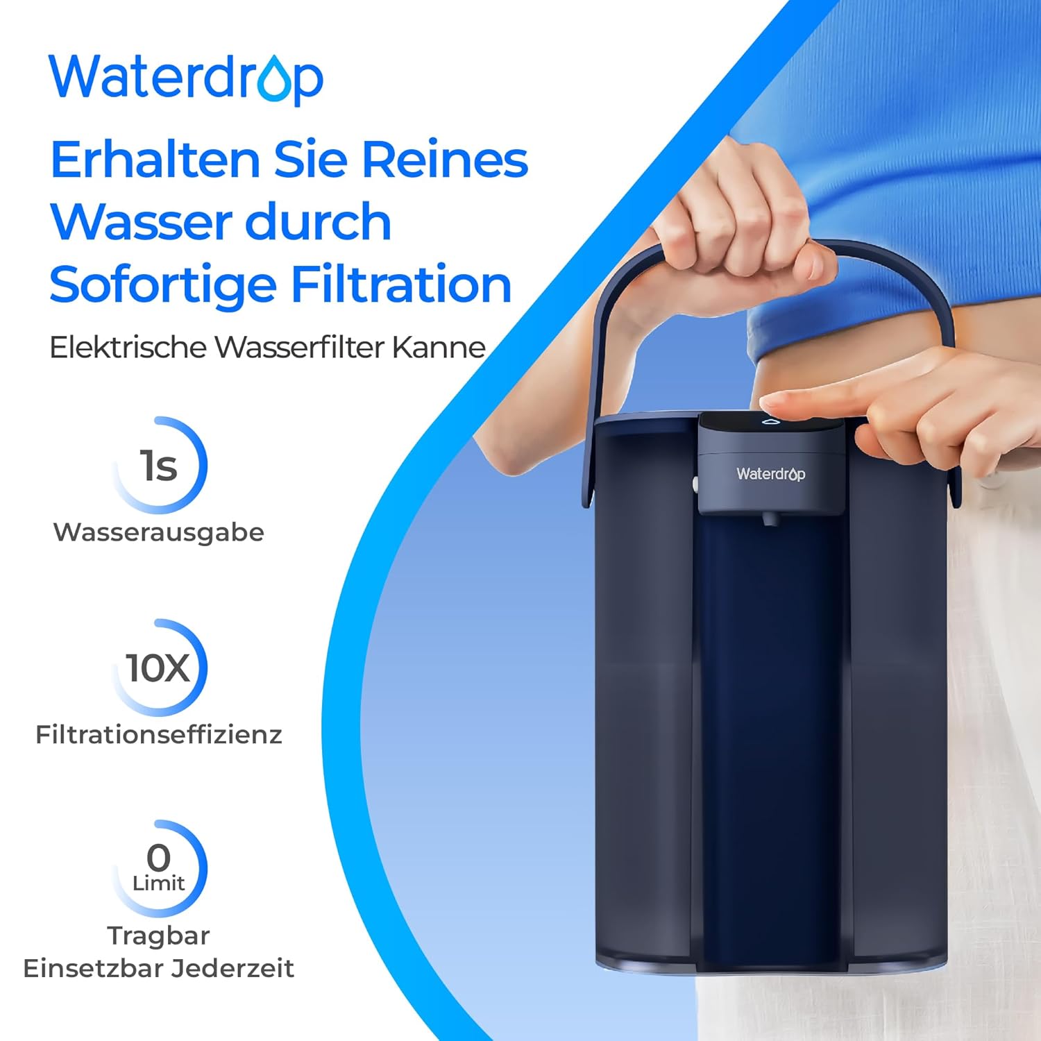Waterdrop Wasserfilterkanne 3,5 L, 3 Monate, reduziert Chlor, Blei, Quecksilber, PFAS, Blau