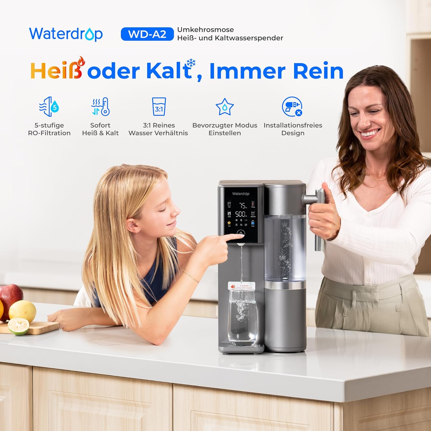 Waterdrop WD-A2 Umkehrosmose-Anlage mit Heiß-/Kaltwasser, 6 Temperatureinstellungen, 3:1 Entsorgungsverhältnis